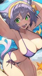 Rule 34 | 1boy, animal ear fluff, animal ears, arms up, beach, bikini, breasts, butt crack, cat ears, cat girl, cat tail, cleavage, day, flip-flops, green eyes, hair between eyes, hata4564, highres, kneeling, large breasts, looking at viewer, medium hair, multiple tails, ocean, open mouth, original, outdoors, purple bikini, purple hair, sand, sandals, smile, solo, starfish, swimsuit, tail, teeth, tongue, two tails, wet
