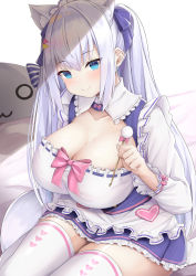 Rule 34 | 1girl, absurdres, animal ear fluff, animal ears, blue eyes, bow, breasts, cleavage, dog ears, dog tail, extra ears, frills, hair ribbon, heart, highres, holding, kusana (dudqja602), large breasts, long hair, long sleeves, looking at viewer, maid, maid headdress, mimikaki, noripro, pink bow, ribbon, shirayuki mishiro, silver hair, sitting, smile, solo, tail, thighhighs, twintails, underbust, virtual youtuber, white background, white thighhighs, wing collar, zettai ryouiki