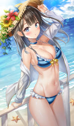 Rule 34 | 1girl, :o, absurdres, arm up, armpit crease, armpits, bare shoulders, beach, bikini, black hair, blue bikini, blue choker, blue eyes, breasts, choker, cleavage, cloud, collarbone, day, flower, frilled bikini, frills, front-tie bikini top, front-tie top, groin, hat, hat flower, hibiscus, highres, jacket, kitin, large breasts, long hair, long sleeves, looking at viewer, navel, ocean, off shoulder, open clothes, open jacket, original, outdoors, parted lips, sidelocks, solo, stomach, straw hat, string bikini, striped bikini, striped clothes, sun hat, sunflower, sunlight, swimsuit, thighs, water, white jacket