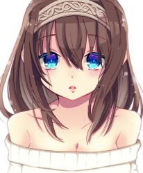 Rule 34 | 1girl, bare shoulders, blue eyes, blush, breasts, brown hair, cleavage, collarbone, colored eyelashes, hair between eyes, hairband, idolmaster, idolmaster cinderella girls, long hair, looking at viewer, medium breasts, off-shoulder, off-shoulder sweater, off shoulder, parted lips, sagisawa fumika, simple background, solo, sweater, upper body, white background, white sweater, yahagi (yui1251)