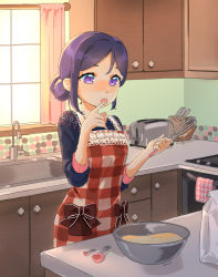Rule 34 | 1girl, apron, artist request, blue hair, blush, bow, brown bow, collarbone, dress, female focus, frilled apron, frills, hands up, highres, kitchen, klaeia, legs together, long hair, looking at viewer, love live!, love live! sunshine!!, matsuura kanan, plaid, plaid apron, purple eyes, red apron, smile, solo, toaster, window
