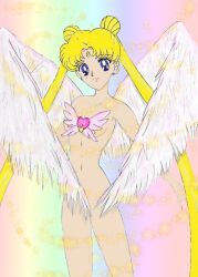 Rule 34 | 1990s (style), 1girl, angel, angel wings, artist request, bishoujo senshi sailor moon, blonde hair, blue eyes, blush, breasts, brooch, censored, collarbone, convenient censoring, crescent, crescent facial mark, double bun, earrings, eternal sailor moon, eyebrows, facial mark, forehead mark, hair bun, heart, jewelry, jpeg artifacts, long hair, looking at viewer, magical girl, multicolored background, navel, nude, rainbow background, retro artstyle, sailor moon, small breasts, smile, solo, sparkle, standing, tsukino usagi, twintails, wings