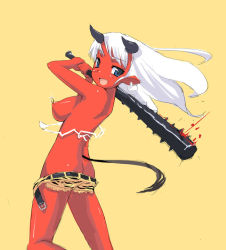 Rule 34 | 1girl, animal print, ass, blood, blue eyes, breasts, butt crack, club (weapon), colored skin, demon, demon girl, fang, horns, kanabou, large breasts, nipple piercing, nipples, non-web source, oni, perky breasts, piercing, red oni, red skin, solo, tail, tiger print, topless, wardrobe malfunction, weapon, white hair