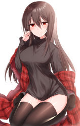 Rule 34 | 1girl, arm at side, black shirt, black thighhighs, blush, breasts, brown hair, closed mouth, cropped legs, hair between eyes, hand up, highres, kinona, knees together feet apart, long hair, long sleeves, looking at viewer, medium breasts, narrow waist, no pants, no shoes, original, plaid, red eyes, shawl, shirt, simple background, sitting, sleeves past wrists, smile, solo, sweater, thigh gap, thighhighs, turtleneck, turtleneck sweater, very long hair, wariza, white background