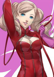 Rule 34 | 1girl, arm up, blazpu, blue eyes, bodysuit, breasts, commentary, earrings, eyelashes, gloves, hand up, highres, holding, jewelry, long hair, looking at viewer, o-ring, parted lips, persona, persona 5, red bodysuit, simple background, smile, solo, stud earrings, swept bangs, takamaki anne, turtleneck, twintails, upper body, whip, white background, zipper, zipper pull tab