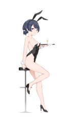 Rule 34 | 1girl, absurdres, alternate costume, animal ears, bare legs, bare shoulders, black footwear, black hairband, black leotard, blue hair, breasts, closed mouth, collarbone, cup, dark blue hair, drinking glass, fake animal ears, fake tail, from side, full body, hair bun, hair ornament, hairband, high heels, highres, holding, holding plate, idolmaster, idolmaster shiny colors, leotard, linnkou, looking at viewer, medium breasts, morino rinze, plate, playboy bunny, rabbit ears, rabbit hair ornament, rabbit tail, red eyes, sideboob, sidelocks, simple background, sitting, solo, strapless, strapless leotard, swept bangs, tail, white background, wine glass, wrist cuffs