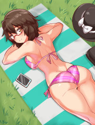 Rule 34 | 1girl, ass, bare shoulders, bikini, black hat, blush, breasts, brown eyes, brown hair, cougar (cougar1404), dimples of venus, from above, from behind, glasses, hat, large breasts, looking at viewer, looking back, lying, on stomach, shiny clothes, shiny skin, short hair, sideboob, smile, solo, swimsuit, the pose, touhou, unworn hat, unworn headwear, usami sumireko, wedgie