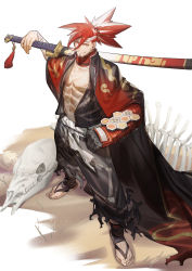 Rule 34 | 1boy, abs, alchemy stars, animal skull, bandaged arm, bandages, black cloak, black kimono, carrying over shoulder, chain, cloak, closed mouth, facial hair, full body, goatee, hair ornament, hairpin, headband, highres, japanese clothes, katana, kimono, looking at viewer, male focus, mechanical arms, mouth hold, multicolored hair, navel, open clothes, open kimono, pectorals, prosthesis, prosthetic arm, red hair, sandals, scar, scar on chest, sheath, sheathed, shipl, single mechanical arm, sinsa (alchemy stars), skeleton, smile, socks, stalk in mouth, standing, sword, toeless legwear, torn clothes, two-tone hair, v-shaped eyebrows, weapon, white hair