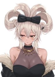 Rule 34 | 1girl, absurdres, animal ears, bare shoulders, black bow, black eyes, black shirt, borrowed hairstyle, bow, breasts, cinnamiku, cinnamiku hairstyle, cleavage, closed mouth, ear piercing, fur trim, hair between eyes, hair bow, hair rings, hatsune miku, highres, hololive, large breasts, lion ears, long hair, looking away, off shoulder, piercing, see-through, see-through cleavage, shirt, shishiro botan, shishiro botan (1st costume), sideways glance, simple background, solo, tomj, updo, upper body, virtual youtuber, vocaloid, white background, white hair
