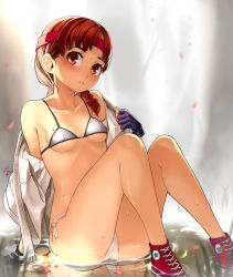 Rule 34 | 1girl, :o, bare legs, bare shoulders, bra, braid, brown eyes, brown hair, cherry blossoms, collarbone, converse, dougi, fingerless gloves, flat chest, gloves, headband, jairou, legs, looking at viewer, no socks, onsen, open clothes, open mouth, panties, partially submerged, petals, pussy, reflection, ryuuko no ken, see-through, shoes, side-tie panties, sitting, sneakers, solo, steam, sweat, the king of fighters, underwear, undressing, water, yuri sakazaki