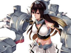 Rule 34 | 10s, 1girl, bad id, bad pixiv id, black hair, breasts, brown eyes, cannon, cleavage, elbow gloves, gloves, headgear, kantai collection, large breasts, long hair, midriff, miniskirt, miura kazuki, nagato (kancolle), open mouth, pleated skirt, rigging, serious, simple background, skirt, solo, turret, upper body, white background