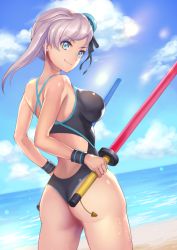 Rule 34 | 1girl, arms at sides, ass, asymmetrical hair, back, bad id, bad pixiv id, bare shoulders, beach, black one-piece swimsuit, blue eyes, blurry, bokeh, breasts, bun cover, cloud, colored eyelashes, commentary request, cowboy shot, day, depth of field, fate/grand order, fate (series), from behind, from side, hair bun, halterneck, holding, holding weapon, large breasts, legs apart, long hair, looking at viewer, maekawa yuichi, miyamoto musashi (fate), miyamoto musashi (fate/grand order), miyamoto musashi (swimsuit berserker) (fate), miyamoto musashi (swimsuit berserker) (first ascension) (fate), one-piece swimsuit, outdoors, parted bangs, single side bun, solo, standing, swimsuit, thighs, v-shaped eyebrows, water, weapon