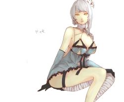 Rule 34 | 1girl, 23 (kms23), bad id, bad pixiv id, bandages, blue dress, breasts, character name, detached sleeves, dress, female focus, flower, hair flower, hair ornament, kaine (nier), large breasts, nier, nier (series), ribbon, short dress, simple background, solo, white hair, yellow eyes