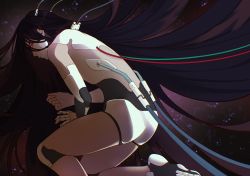 Rule 34 | 1boy, ass, black background, brown background, cable, closed mouth, commentary, danganronpa (series), danganronpa 2: goodbye despair, english commentary, from side, gradient background, highres, kamukura izuru, long hair, male focus, mechanization, profile, red eyes, robot, sol illo, solo