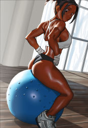 Rule 34 | 1girl, arung samudra (cessa), ass, back, balancing, ball, black hair, black shorts, breasts, cessa, commentary, dark-skinned female, dark skin, day, dutch angle, english commentary, exercising, exercise ball, forehead, from behind, hair pulled back, indoors, large breasts, muscular, muscular female, original, shoes, short hair, short ponytail, short shorts, shorts, sideboob, sidelighting, sitting, sneakers, solo, sports bra, thick thighs, thighs, updo, very dark skin, white sports bra, window, wrist wrap