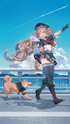Rule 34 | 1girl, absurdres, animal, black footwear, black gloves, black hat, black neckerchief, black sailor collar, black skirt, blue sky, boots, clothed animal, cloud, contrail, crop top, day, dog, full body, gloves, goddess of victory: nikke, hat, highres, holding, knee boots, light brown hair, long hair, megaphone, midriff, miranda (nikke), neckerchief, open mouth, outdoors, pleated skirt, pointing, railing, reeh (yukuri130), sailor collar, shadow, short sleeves, skirt, sky, suspenders, thighhighs, twintails, very long hair, walking, water