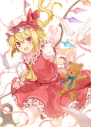Rule 34 | 1girl, 6u (eternal land), ascot, bad id, bad pixiv id, bird, blonde hair, blush, bow, clenched hand, dove, fang, flandre scarlet, frills, hat, laevatein, open mouth, red eyes, ribbon, short hair, side ponytail, smile, solo, stuffed animal, stuffed toy, teddy bear, thighhighs, touhou, white thighhighs, wings, wrist cuffs