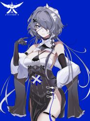 Rule 34 | 1girl, absurdres, arknights, armpits, black choker, black dress, black gloves, blue background, blue eyes, breasts, center opening, choker, closed mouth, commentary, cowboy shot, dress, elbow gloves, expressionless, eyepatch, gloves, hair between eyes, hair intakes, hair ornament, hair over one eye, hand on own hip, highres, light purple hair, looking at viewer, medium breasts, pelvic curtain, shawl, shenhaijiaolonglaohuadeng, short hair with long locks, side slit, simple background, skindentation, solo, standing, symbol-only commentary, thigh strap, whisperain (arknights), x hair ornament