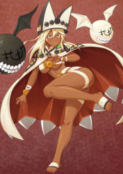 Rule 34 | 1girl, belt, belt bra, blonde hair, breasts, cape, colored eyelashes, creature, dark skin, dark-skinned female, fighting stance, guilty gear, guilty gear xrd, hat, highres, large breasts, leg lift, long hair, looking away, murata isshin, navel, orange eyes, parted lips, ramlethal valentine, short shorts, shorts, solo, tan, thigh strap, thighs, underboob, colored eyelashes