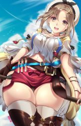 Rule 34 | 1girl, artist name, atelier (series), atelier ryza, atelier ryza 1, belt, beret, black panties, black ribbon, blue belt, blue sky, boots, brown belt, brown eyes, brown footwear, brown gloves, brown hair, cloud, commentary, cowboy shot, day, drawstring, elver-lee, english commentary, flock, from below, gloves, hat, hat ribbon, highres, holding, jewelry, looking at viewer, navel, open mouth, outdoors, panties, pendant, red shorts, reisalin stout, ribbon, shirt, short hair, short shorts, short sleeves, shorts, single glove, skindentation, sky, solo, standing, star (symbol), test tube, thick thighs, thigh boots, thighhighs, thighs, underwear, white hat, white shirt, white thighhighs