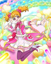 Rule 34 | 1girl, balloon, belt, blonde hair, choker, corset, hair ornament, heart, heart balloon, heart hair ornament, highres, idol, momozono love, official art, open mouth, pink choker, pink eyes, precure, precure connection puzzlun, short sleeves, short twintails, smile, solo, thighhighs, third-party source, twintails, white footwear, wrist cuffs