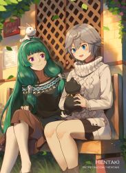 Rule 34 | 2girls, :d, animal, animal on head, aran sweater, artist name, black shirt, black skirt, blue eyes, brown skirt, cable knit, cibella, closed mouth, commentary, crossed legs, dog, dragalia lost, english commentary, falling leaves, green hair, grey hair, hair between eyes, hair tubes, heart, hentaki, highres, hildegarde (dragalia lost), holding, holding animal, leaf, long hair, mole, mole under mouth, multiple girls, on bench, on head, open mouth, pleated skirt, purple eyes, rabbit, shirt, short hair, sitting, skirt, smile, sweater, turtleneck, turtleneck sweater, very long hair, watermark, web address, white sweater