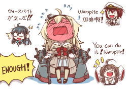 Rule 34 | &gt; &lt;, 10s, 4girls, absurdres, ahoge, bad id, bad tumblr id, black footwear, blonde hair, blush, blush stickers, chibi, chinese text, commentary, corset, dress, embarrassed, english text, closed eyes, female admiral (kancolle), full-face blush, glasses, globus cruciger, hands in opposite sleeves, hat, headset, highres, kantai collection, kongou (kancolle), lightning bolt symbol, long hair, long sleeves, machinery, mary janes, military, military hat, military uniform, multiple girls, naval uniform, off-shoulder dress, off shoulder, ooyodo (kancolle), opaque glasses, open mouth, peaked cap, pin.s, scepter, shoes, short hair, simple background, sleeves past wrists, smile, sparkle, standing, translated, uniform, warspite (kancolle), white background, white dress