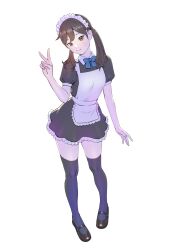 Rule 34 | 1girl, apron, bow, bowtie, brown eyes, brown hair, dress, frilled dress, frills, full body, highres, looking at viewer, low twintails, maid, maid apron, maid headdress, mary janes, original, peco (pockleberry), puffy short sleeves, puffy sleeves, shoes, short dress, short sleeves, smile, solo, thighhighs, twintails, v