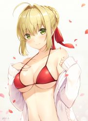 Rule 34 | 1girl, 6u (eternal land), bikini, blonde hair, blush, bow, braid, breasts, collarbone, commentary request, fate/stay night, fate (series), french braid, gradient background, green eyes, hair bow, hair bun, hair intakes, hand on own chest, jacket, long sleeves, looking at viewer, medium breasts, navel, nero claudius (fate), nero claudius (fate) (all), nero claudius (fate/extra), off shoulder, open clothes, open jacket, petals, red bikini, signature, simple background, single hair bun, smile, solo, swimsuit, upper body