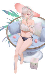 Rule 34 | 1girl, absurdres, bad id, bad pixiv id, bare arms, bare legs, bare shoulders, barefoot, bikini, black panties, borrowed character, cirilla lin, couch, feet, food, hat, highres, holding, holding food, ice cream, looking at viewer, navel, original, panties, pillow, red eyes, red headwear, short hair, silver hair, swimsuit, underwear