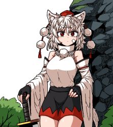 Rule 34 | 1girl, animal ear fluff, animal ears, bandages, bare shoulders, breasts, detached sleeves, fingerless gloves, formicid, gloves, hair between eyes, hat, holding, holding weapon, inubashiri momiji, jewelry, necklace, oekaki, outdoors, pom pom (clothes), red eyes, red hat, ribbon-trimmed sleeves, ribbon trim, rock, shirt tucked in, short hair, skirt, solo, sword, tail, tokin hat, touhou, tree, weapon, white hair, wolf ears, wolf tail