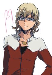 Rule 34 | 1boy, barnaby brooks jr., black shirt, blonde hair, buttons, chin, closed mouth, collarbone, collared jacket, commentary, dog tags, frown, glasses, green eyes, hanada hyou, hand on own hip, highres, jacket, looking at viewer, multicolored clothes, multicolored jacket, partially unzipped, rabbit, red jacket, shirt, short hair, sketch, symbol-only commentary, thick eyebrows, tiger &amp; bunny, two-tone jacket, upper body, wavy hair, white background, white jacket