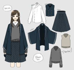 Rule 34 | 1girl, absurdres, arms at sides, brown hair, cropped legs, english text, grey background, grey sweater, hanatsuki, highres, jacket, long hair, long sleeves, looking at viewer, miniskirt, open clothes, open jacket, original, parted lips, pleated skirt, school uniform, sidelocks, simple background, skirt, smile, solo, speech bubble, sweater, unmoving pattern, v-neck, vest, white jacket, wide sleeves