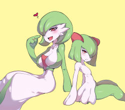 Rule 34 | 2girls, absurdres, blush, breasts, collarbone, creatures (company), game freak, gardevoir, gen 3 pokemon, green hair, hair over one eye, heart, highres, jewelry, kirlia, large breasts, looking at viewer, multiple girls, nintendo, open mouth, pokemon, pokemon (creature), red eyes, ring, short hair, simple background, sitting, slit pupils, smile, tetsu chokoreto, thighs, yellow background
