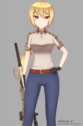 Rule 34 | 1girl, belt, blonde hair, breasts, camouflage, denim, desert camouflage, gloves, gun, highres, jeans, large breasts, long hair, mikhail n, military, military uniform, original, pants, ponytail, red eyes, rifle, sniper, sniper rifle, solo, uniform, united states, united states navy, weapon