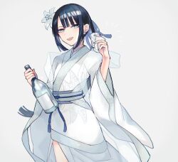 Rule 34 | 1girl, black hair, blue eyes, blunt bangs, bottle, chinese clothes, cup, drinking glass, earrings, fate/grand order, fate (series), flower, glass bottle, hagoromo, hair flower, hair ornament, hanfu, holding, holding bottle, holding cup, jewelry, jing ke (fate), katagiri (mighty swing), long hair, long sleeves, looking at viewer, open mouth, ponytail, sash, shawl, shot glass, sidelocks, simple background, smile, solo, white background, white flower, wide sleeves