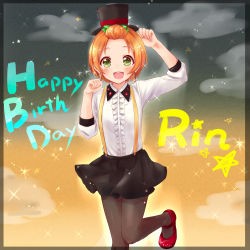 Rule 34 | 1girl, absurdres, black pantyhose, black skirt, blush, character name, cloud, commentary request, earrings, frilled shirt, frills, gradient background, green eyes, happy birthday, hat, hello hoshi wo kazoete, highres, hoop earrings, hoshizora rin, jewelry, kudukimii, looking at viewer, love live!, love live! school idol festival, love live! school idol project, open mouth, orange hair, pantyhose, paw pose, red footwear, shirt, short hair, skirt, solo, sparkle, star (symbol), starry background, suspenders, top hat, white shirt