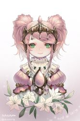 Rule 34 | 10s, 1girl, arm belt, arms at sides, artist name, character name, closed mouth, dress, eyelashes, eyeliner, final fantasy, final fantasy xiv, flower, gradient background, green eyes, highres, lalafell, lily (flower), lips, long sleeves, looking at viewer, makeup, mulalang, nanamo ul namo, petals, pink dress, pink hair, pink lips, pointy ears, puffy sleeves, rose, short hair, sidelocks, smile, solo, swept bangs, tiara, turtleneck, twintails, twitter username, two side up, upper body, white flower