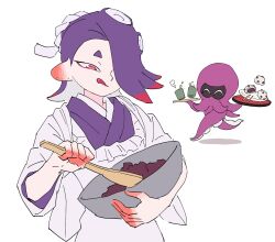 Rule 34 | 1girl, :q, ^ ^, apron, baking, bowl, cephalopod eyes, chibi, closed eyes, closed mouth, cup, food, hachimaki, hair over one eye, headband, highres, holding, holding bowl, holding spoon, holding tray, jounetsu (jonetunoaoitako), kappougi, long hair, mixing bowl, mochi, multicolored hair, multiple views, nejiri hachimaki, nintendo, octoling, octopus, official alternate costume, one eye covered, purple hair, red bean paste, red eyes, red hair, shiver (splatoon), short eyebrows, splatoon (series), splatoon 3, spoon, suction cups, tentacle hair, tongue, tongue out, tray, two-tone hair, white background, wooden spoon, yunomi
