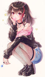 Rule 34 | 10s, 1girl, bad id, bad pixiv id, bang dream!, bare shoulders, black footwear, black hair, black jacket, breasts, blowing bubbles, candy, chewing gum, choker, cleavage, collarbone, denim, denim shorts, ear piercing, earrings, fishnet thighhighs, fishnets, food, head rest, heart, highres, holding, holding candy, holding food, holding lollipop, hoop earrings, jacket, jewelry, lollipop, long sleeves, looking at viewer, medium breasts, mitake ran, multicolored hair, off shoulder, one side up, open clothes, open jacket, piercing, pink shirt, red eyes, red hair, ring, shirt, shoes, short hair, short shorts, shorts, sidelocks, solo, squatting, strap slip, streaked hair, thighhighs, torn clothes, torn shorts, ttosom