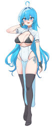 Rule 34 | 1girl, :d, ahoge, aningay, bikini, bikini under clothes, black bikini, black footwear, black thighhighs, blue eyes, blue hair, blush, bridal gauntlets, china dress, chinese clothes, copyright request, covered navel, dress, fang, full body, hair between eyes, hair intakes, hand up, highres, long hair, open mouth, pelvic curtain, short sleeves, simple background, smile, solo, standing, swimsuit, thighhighs, very long hair, white background, white dress