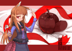 Rule 34 | 00s, 1girl, animal ears, apple, bad id, bad pixiv id, brown hair, chocolate, food, fruit, gift, holding, holding gift, holo, long hair, red eyes, solo, spice and wolf, totoya yuu, wallpaper, wolf ears