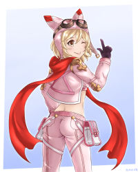 Rule 34 | 1girl, animal ears, ass, blonde hair, blue background, border, butt crack, cape, djeeta (granblue fantasy), fake animal ears, gloves, goggles, goggles on head, goggles on headwear, gradient background, granblue fantasy, hair between eyes, holster, looking at viewer, looking back, midriff, one eye closed, outline, outside border, pants, pink pants, pointing, pointing up, purple gloves, red scarf, scarf, seinz0, short hair, smile, solo, thigh holster, tight clothes, tight pants, tongue, tongue out, white border, white outline, yellow eyes