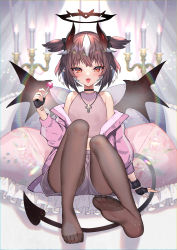 Rule 34 | 1girl, :d, bare shoulders, bl, black gloves, black pantyhose, blush, brown eyes, brown hair, candy, choker, demon tail, demon wings, fangs, fingerless gloves, food, gloves, halo, highres, hitowa, jacket, jewelry, lollipop, looking at viewer, midriff, necklace, open mouth, original, pantyhose, short hair, shorts, sitting, smile, solo, tail, two side up, white hair, wings