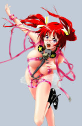 Rule 34 | 1girl, air gear, blue eyes, breasts, collar, falling, fujimaruu, glasses, hentai mask, highres, large breasts, naked ribbon, noyamano ringo, open mouth, red-framed eyewear, red hair, revealing clothes, ribbon, simple background, skindentation, solo, sweat, twintails