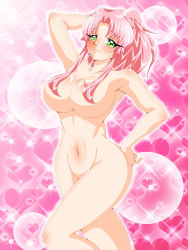 Rule 34 | 1girl, arm behind head, arm up, blush, breasts, closed mouth, convenient censoring, convenient leg, curvy, green eyes, hair censor, hair over breasts, hand on own hip, highres, inabakun00, large breasts, long hair, looking at viewer, navel, nude, original, pink background, pink hair, ponytail, rio (inaba), smile, solo, sparkle, sparkle background, standing