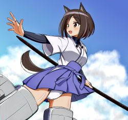 Rule 34 | 1girl, absurdres, animal ears, black hair, blue skirt, blue sky, bob cut, bridal gauntlets, brown eyes, cloud, cloudy sky, commentary, day, dog ears, dog tail, dougi, flying, gluteal fold, hakama, hakama short skirt, hakama skirt, haruwo0096, highres, holding, holding staff, japanese clothes, kuroda kunika, layered sleeves, long sleeves, looking to the side, miniskirt, noble witches, open mouth, outdoors, panties, pantyshot, shirt, short over long sleeves, short sleeves, skirt, sky, smile, solo, staff, striker unit, swept bangs, tail, underwear, white panties, white shirt, wind, wind lift
