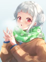 Rule 34 | 1girl, absurdres, arashi chisato, blunt bangs, bow, brown coat, chestnut mouth, coat, green scarf, hair bow, highres, ina ina rina, long sleeves, love live!, love live! superstar!!, open mouth, red eyes, scarf, short hair, solo, upper body, white hair