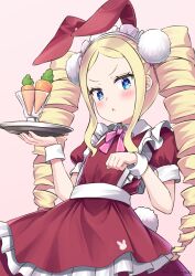 Rule 34 | 1girl, :&lt;, animal ears, beatrice (re:zero), blonde hair, blue eyes, blush, bow, bowtie, carrot, collared dress, dress, drill hair, fake animal ears, fake tail, frills, grey background, hands up, holding, holding tray, long hair, parted bangs, pink bow, pink bowtie, rabbit ears, rabbit tail, re:zero kara hajimeru isekai seikatsu, red dress, s (hdru2332), simple background, symbol-shaped pupils, tail, tray, twin drills, wrist cuffs