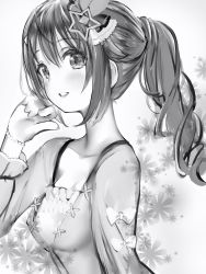 Rule 34 | 1girl, alternate hairstyle, blush, bow, breasts, dress, from side, greyscale, hair ornament, highres, hololive, long hair, looking at viewer, looking to the side, medium breasts, monochrome, nanashi (nlo), parted lips, ponytail, smile, solo, star (symbol), star hair ornament, tokino sora, tokino sora (casual), upper body, virtual youtuber